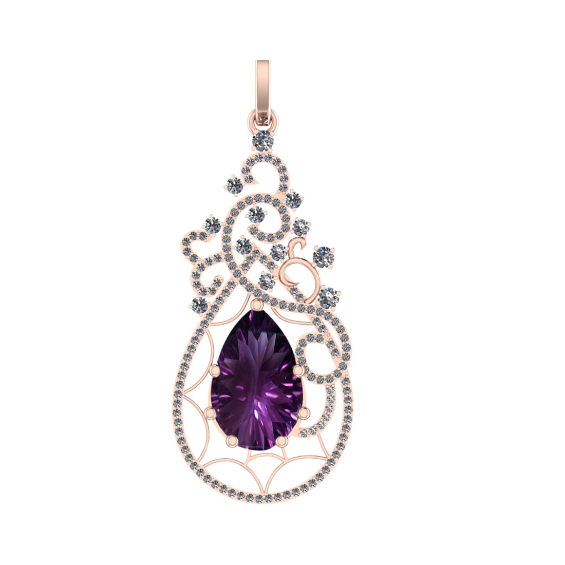 93.13 Ctw SI2/SI1 Amethyst and Diamond Prong Set 14k Rose Gold Pendant (ALL: Center Stone Weight :-84.66 Ctw ( Pear Cut) Center Stone Color :-Amethyst Center Stone Setting : Prong Side Diamond Weight Of Ctw 8.47 Ctw Color : F-G Clarity : SI2/SI1 Stone Setting : Prong Metal Wei