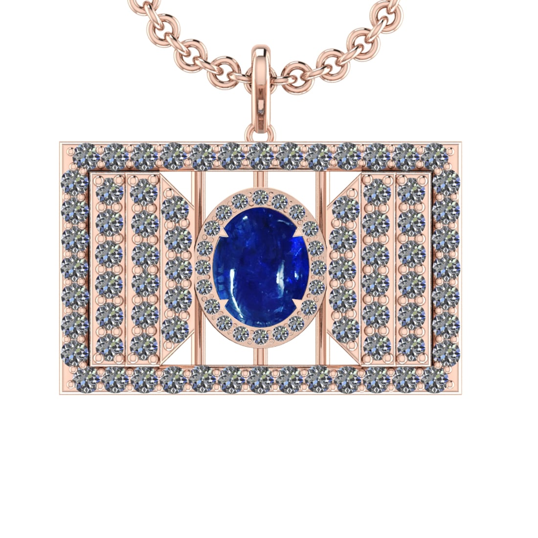 42.90 Ctw VS/SI1 Tanzanite and Diamond 14K Rose Gold Pendant: Center Stone Weight : 21.95 Ctw ( Oval Cab) Center Stone Color :-Tanzanite Setting : Prong Side Weight Of Ctw 20.50 Ctw Color : J-K Clarity :VS/SI1 Stone Setting : Prong Metal Weight : Approx 15.80 gr