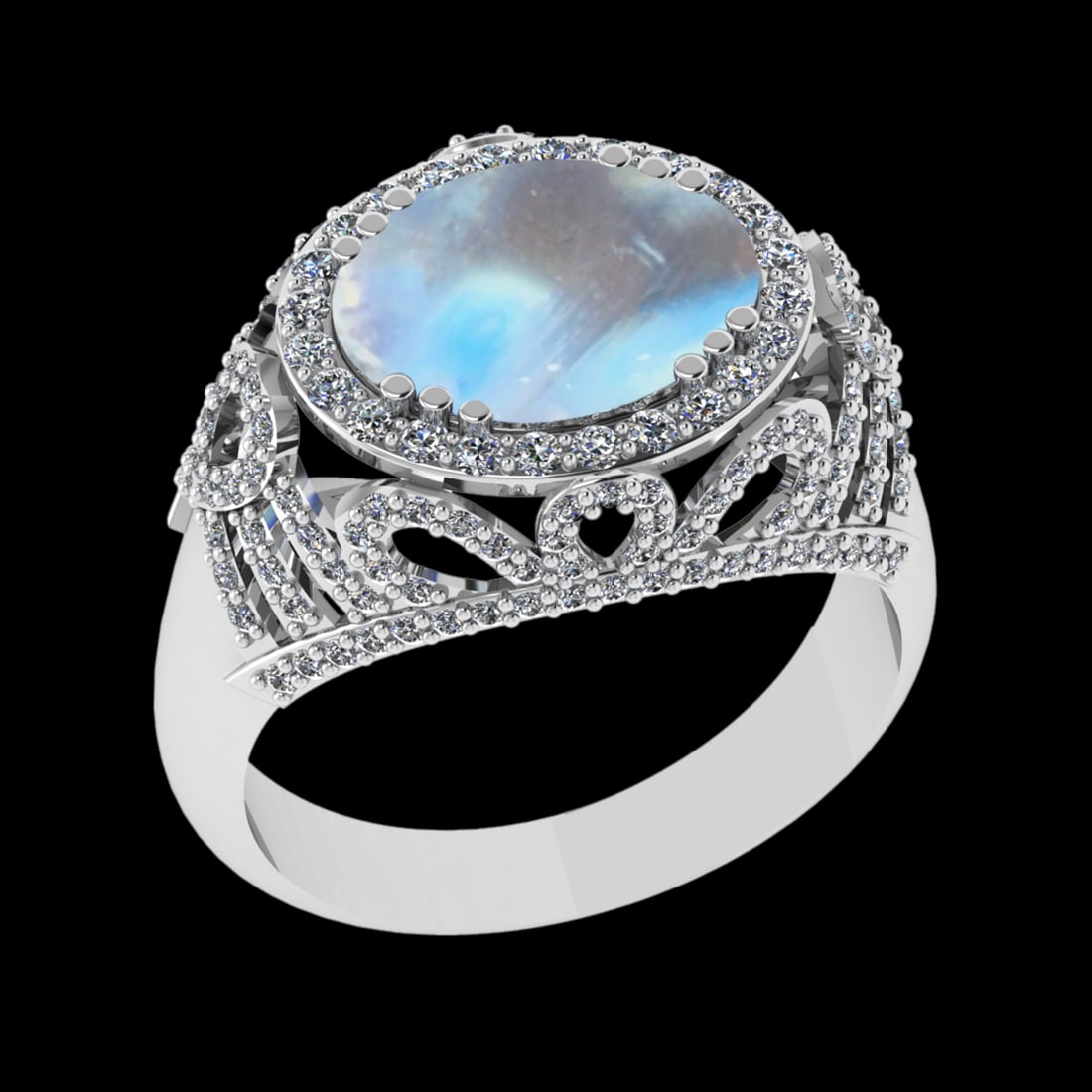 6.39 Ctw VS/SI1 Rainbow Moonstone And Diamond 14K White Gold Engagement Rin: Center Stone Weight : 5.30 Ctw ( Oval Cab ) Center Stone Color : Rainbow Moonstone Stone Setting : Prong Side Diamond Weight Of Ctw 1.09 Ctw Side Stone Color : J-K Stone Clarity : VS/SI1 Stone Setting