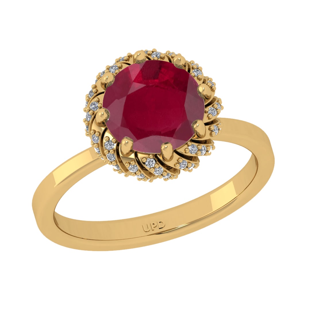 2.25 Ctw VS/SI1 Ruby and Diamond Prong Set 14K Yellow Gold Engagement Ring: Center stone Weight :-: 2.00 Ctw ( Round Cut) Color :- Ruby Center Stone Setting : Prong Side Diamond Weight Of Ctw 0.25 Ctw Color : J-K Clarity : VS/SI1 Stone Setting : Prong Metal Weight : Approx 4.