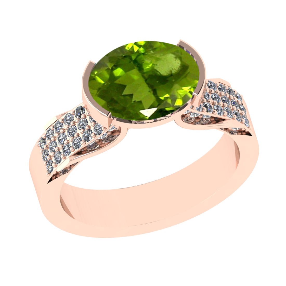 2.98 Ctw VS/SI1 Peridot And Diamond 14K Rose Gold Engagement Ring( ALL DIAM: Center Stone Weight : 2.50 Ctw ( Oval Cut ) Center Stone Color : Peridot Stone Setting : Prong Side Diamond Weight Of Ctw 0.48 Ctw Side Stone Color : J-K Stone Clarity : VS/SI1 Stone Setting : Prong M