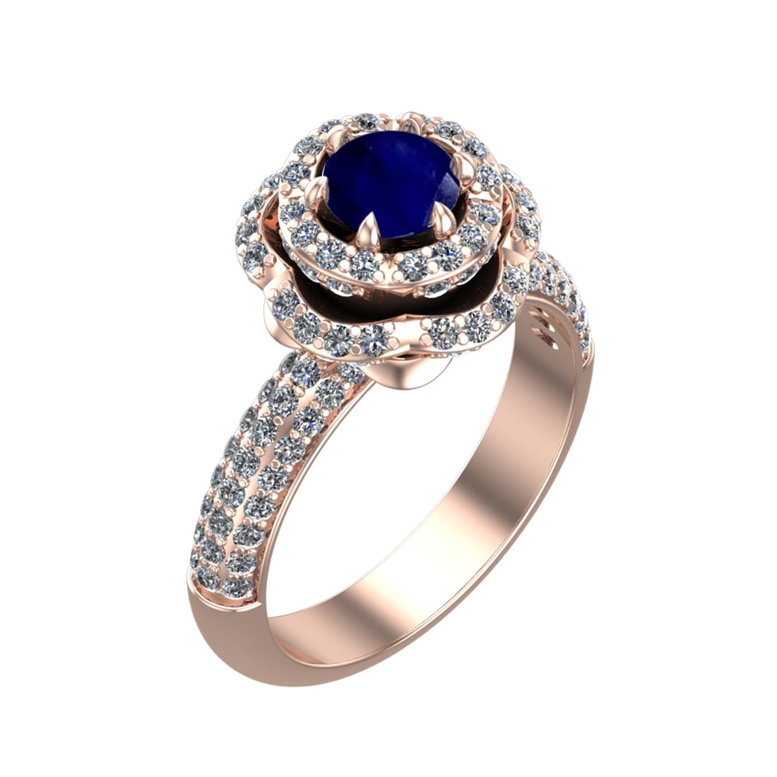 2.22 Ctw VS/SI1 Blue Sapphire and Diamond Prong Set 14k Rose Gold Engagemen: Center Stone Weight :-0.84 Ctw ( Round Cut ) Center Stone Color :-Blue Sapphire Center Stone Setting : Prong Side Diamond Weight Of Ctw :- 1.38 Ctw Color : J-K Clarity : VS/SI1 Daimond Setting : Prong