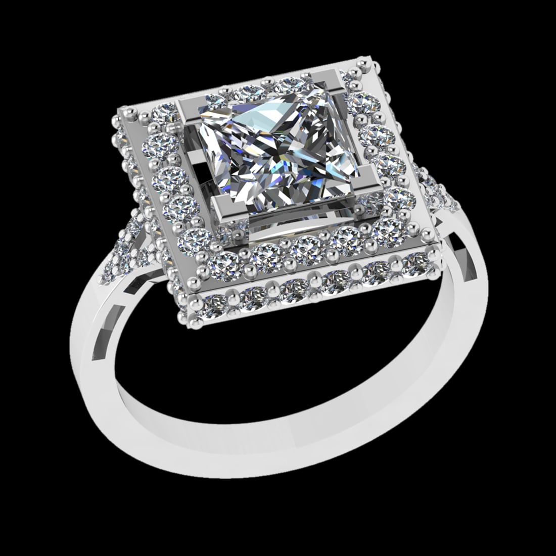 2.23 Ctw VS/SI1 Diamond Prong Set 18K White Gold Engagement Ring: Center Diamond Weight :-1.10 Ctw ( Princess Cut) Color :- G-H Clarity : VS/SI1 Center Stone Setting : Prong Side Diamond Weight Of Ctw 1.13 Ctw Color : G-H Clarity : VS/SI1 Stone Setting : Prong Metal