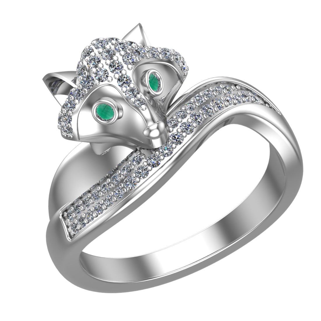 0.52 Ctw VS/SI1 Emerald and Diamond 14k white Gold Animal theme Fox Ring (A: Center Stone Weight :-0.03 Ctw ( Round Cut) Center Stone Color :-Emerald Center Stone Setting : Prong Side Diamond Weight Of Ctw :- 0.49 Ctw Color : J-K Clarity : VS/SI1 Daimond Setting : Prong Metal 
