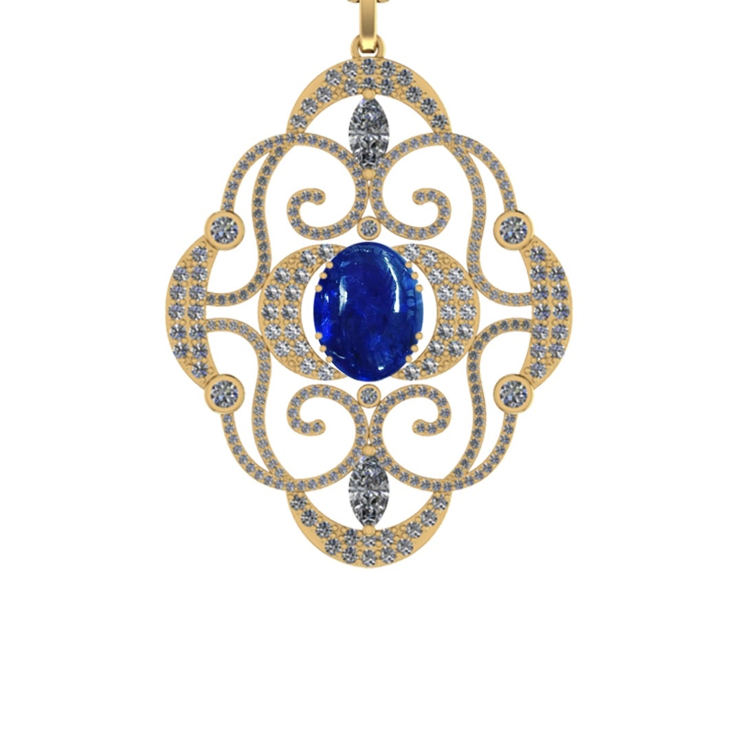 39.09 Ctw SI1/SI2 Tanzanite and Diamond 14k Yellow Gold Pandant (ALL DIAMON: Center Stone Weight :-27.00 Ctw ( Oval Cab) Center Stone Color :-Tanzanite Center Stone Setting : Prong Side Diamond Weight Of Ctw 12.09 Ctw Color : J-K Clarity : SI1/SI2 Stone Setting : Prong Metal W