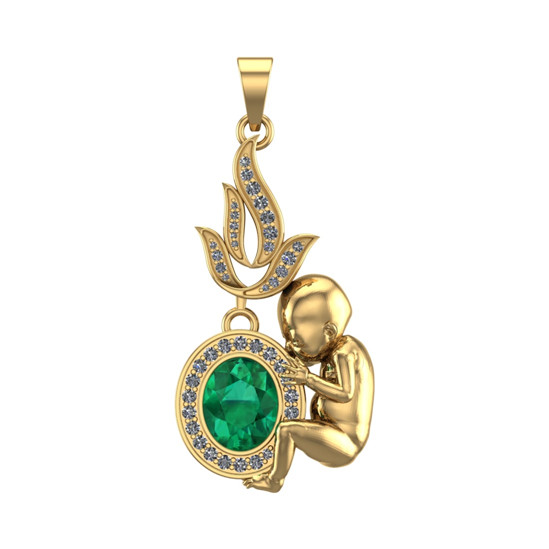 3.03 Ctw SI2/SI1 Diamond Prong Set 14k Yellow Gold Baby shower Theme Pendan: Center Stone Weight :- 2.50 ctw Center stone color :-Emerald setting :- Prong Side Diamond Weight Of Ctw 0.53 Ctw Color : G-H Clarity : SI2/SI1 Daimond Setting : Prong Metal Weight : Approx 9.22 Gram 