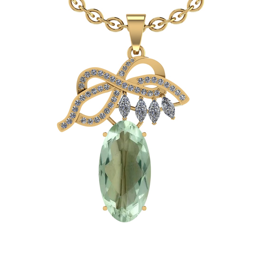 16.99 Ctw I2/I3 Green Amethyst And Diamond 10K Yellow Gold Necklace(ALL DIA: Center Stone Weight : 15.95 Ctw ( Oval Cut ) Center Stone Color : Green Amethyst Stone Setting : Prong Side Diamond Weight Of Ctw 1.04 Ctw Side Stone Color : J-K Stone Clarity : I2/I3 Stone Setting : 