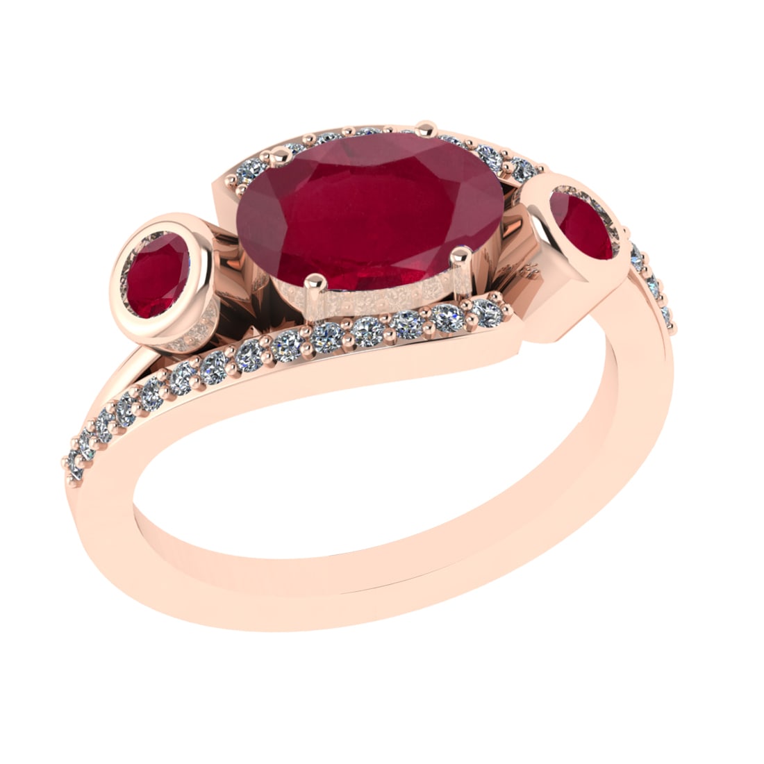 2.94 Ctw VS/SI1 Ruby and Diamond 14k Rose Gold Engagement Ring (ALL DIAMOND: Center Stone Weight :-2.70 Ctw ( Oval & Round Cut) Center Stone Color :-Ruby Center Stone Setting : Prong Side Diamond Weight Of Ctw 0.24 Ctw Color : G-H Clarity : VS/SI1 Daimond Setting : Prong Metal