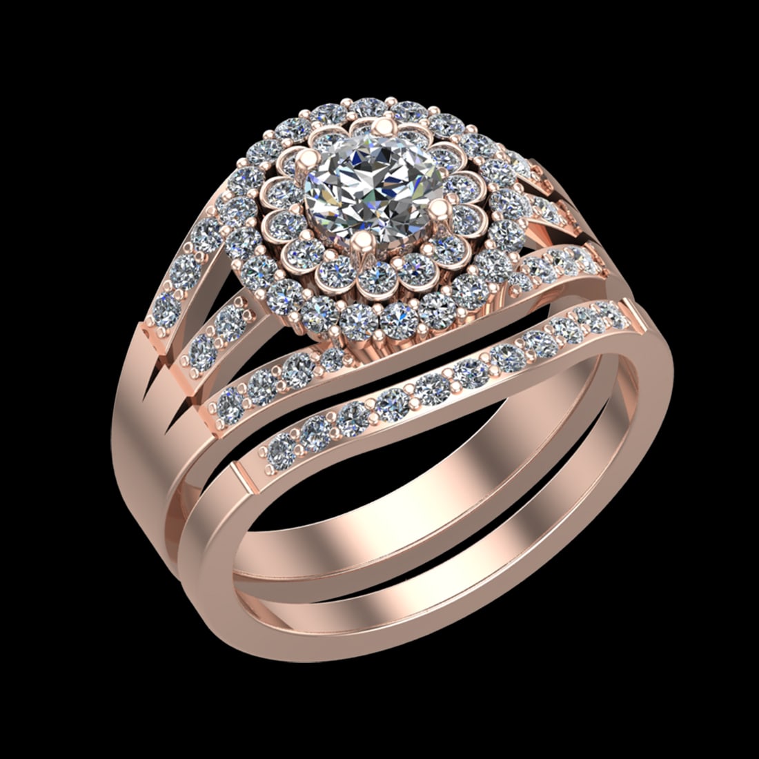 1.26 Ctw VS/SI1 Diamond Prong Set 18K Rose Gold Engagement set Ring: Center Daimond Weight :-0.50 Ctw ( Round Cut) Color : G-H Clarity : VS/SI1 Side Diamond Weight Of Ctw 0.76 Ctw Color : G-H Clarity : VS/SI1 Daimond Setting : Prong Metal Weight : Approx 6.29 gram 18K 