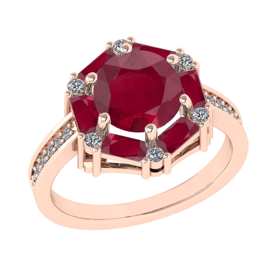2.78 Ctw VS/SI1 Ruby and Diamond 14k Rose Gold Engagement Ring(ALL DIAMOND: Center Stone Weight :-2.60 Ctw ( Round & Bug Cut) Center Stone Color :- Ruby Center Stone Setting : Prong Side Diamond Weight Of Ctw :- 0.18 Ctw Color : J-K Clarity : VS/SI1 Daimond Setting : Prong Me