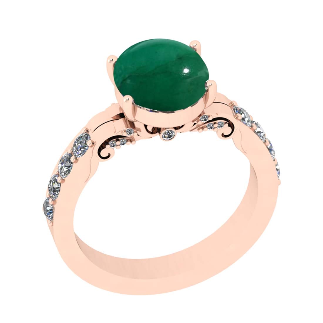 3.15 Ctw VS/SI1 Emerald and Diamond Prong Set 14k Rose Gold Engagement Ring: Center Stone Weight :-2.62 Ctw ( Oval Cab ) Center Stone Color :-Emerald Center Stone Setting : Prong Side Diamond Weight Of Ctw :- 0.53 Ctw Color : J-K Clarity : VS/SI1 Daimond Setting : Prong Metal 