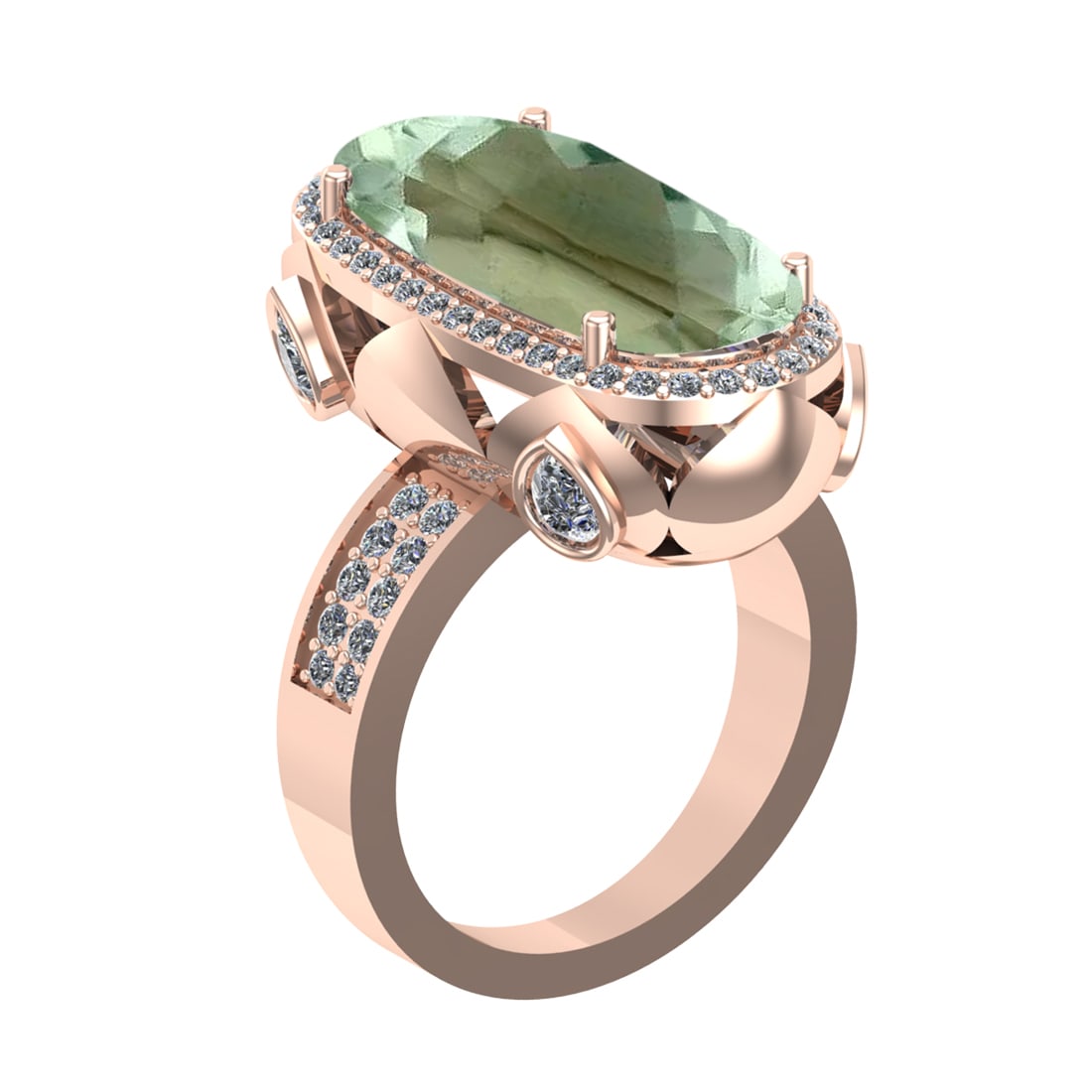 16.68 Ctw VS/SI1 Green Amethyst and Diamond 14K Rose Gold Engagement Ring (: Color Stone Weight : 15.12 Ctw ( Oval Cut) Stone Color :- Green Amethyst Center Stone Setting : Prong Side Weight Of Ctw 1.54 Ctw Color : J-K Clarity : VS/SI1 Stone Setting : Prong Metal Weight : Appr