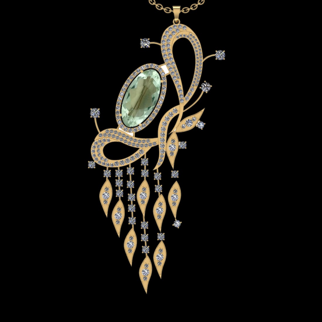 22.71 Ctw VS/SI1 Green Amethyst And Diamond 14K Yellow Gold Necklace( ALL D: Center Stone Weight : 15.22 Ctw ( Oval Cut ) Center Stone Color : Green Amethyst Stone Setting : Prong Side Diamond Weight Of Ctw 7.49 Ctw Side Stone Color : J-K Stone Clarity : VS/SI1 Stone Setting