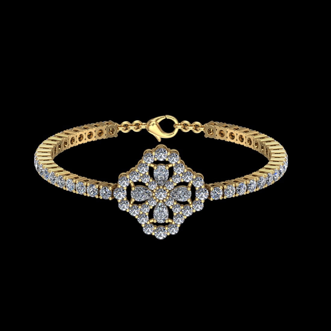 11.96 Ctw VS/SI1 Diamond Prong Set 10K Yellow Gold Bracelet Current Size 7.: Center Daimond Weight :-2.00 Ctw ( Peart Cut) Color : J-K Clarity : VS/SI1 Side Diamond Weight Of Ctw 9.96 Ctw Color : J-K Clarity : VS/SI1 Daimond Setting : Prong Metal Weight : Approx 22.69 gram 10K