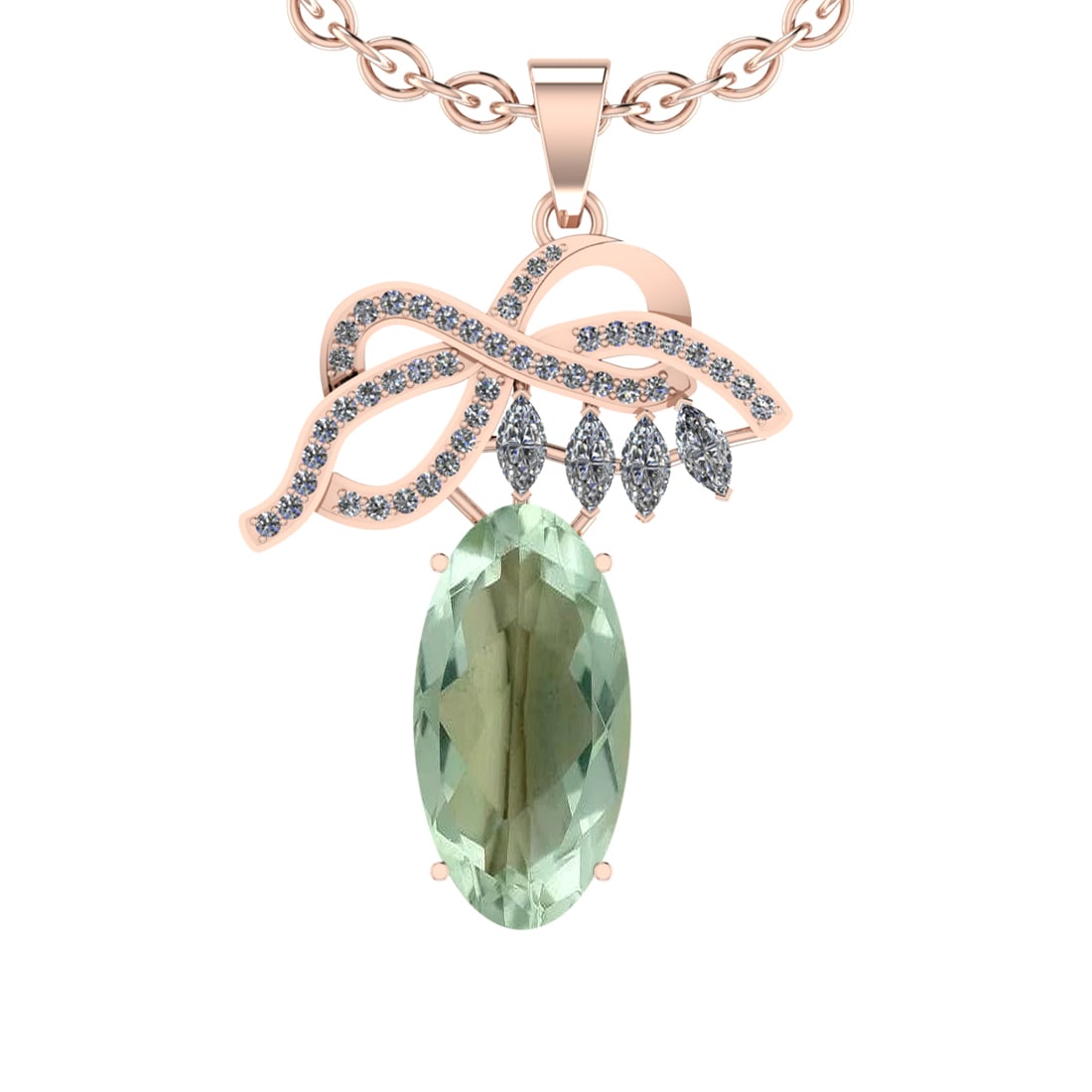 16.99 Ctw I2/I3 Green Amethyst And Diamond 10K Rose Gold Necklace(ALL DIAMO: Center Stone Weight : 15.95 Ctw ( Oval Cut ) Center Stone Color : Green Amethyst Stone Setting : Prong Side Diamond Weight Of Ctw 1.04 Ctw Side Stone Color : J-K Stone Clarity : I2/I3 Stone Setting : 
