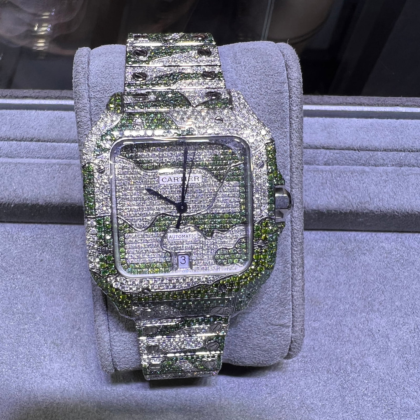 Custom Cartier Santos 100 Large Size with 18.60 cttw Diamonds: Custom Cartier Santos 100 Large Size with 18.60 cttw Diamonds Comes with Box and Papers. Green Diamonds are Natural-Treated. White Diamonds are Natural, G-H, SI1-SI2 #3SS73926v7