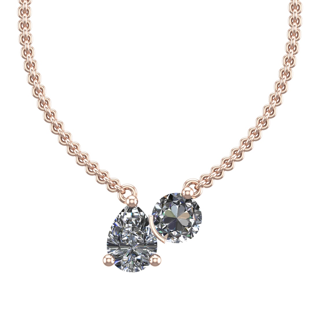 1.25 Ctw SI2/SI1 Diamond Prong Set 14K Rose Gold Two-Stone Pendant Necklace: Total Daimond Weight :-1.25 Ctw ( Round & Pear cut ) Color : G-H Clarity : SI2/SI1 Setting : Prong Metal Weight : Approx 2.51 gram 14K Rose Gold Two-Stone Pendant Necklace (ALL DIAMOND ARE LAB GROWN )