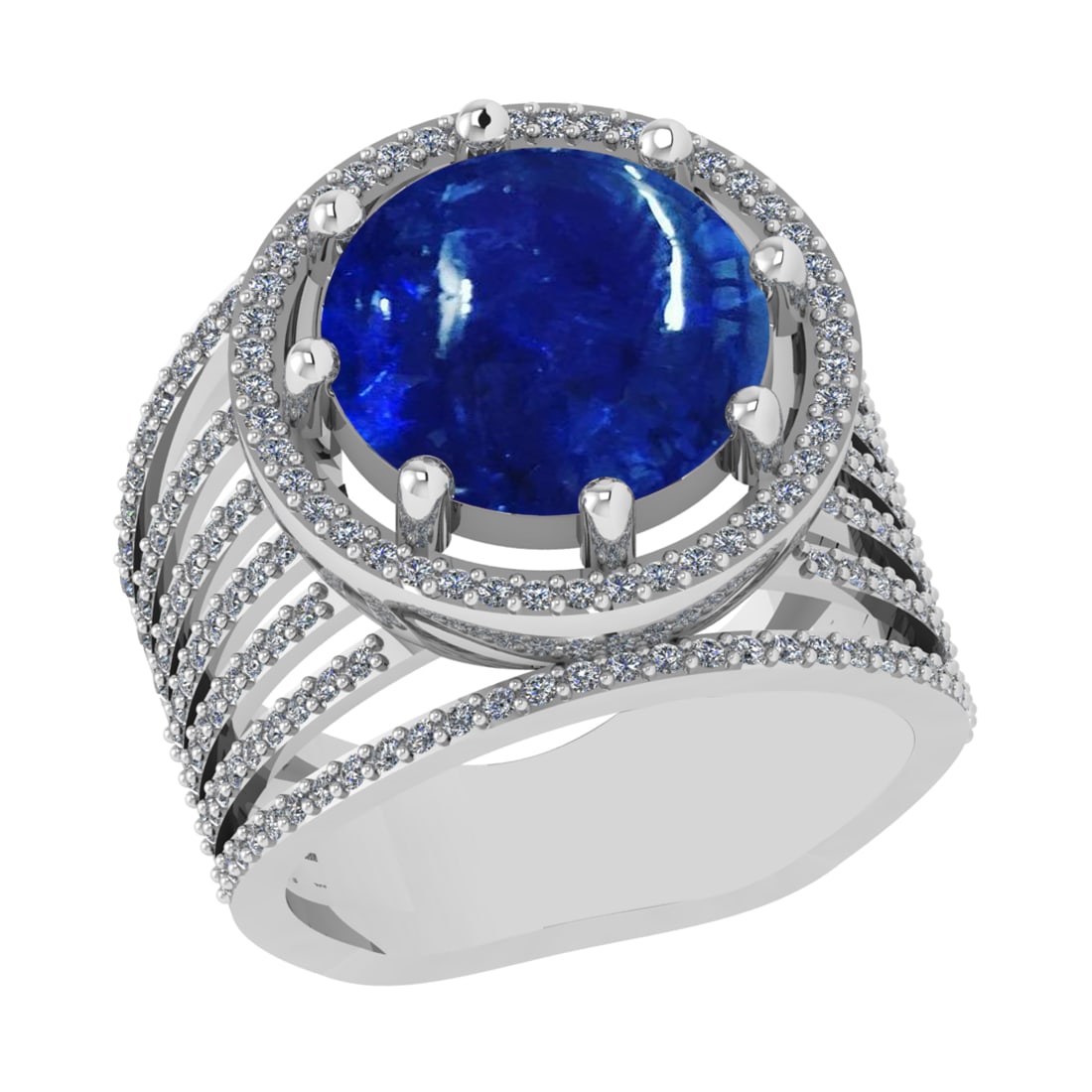 9.43 Ctw SI1/SI2 Tanzanite and Diamond 14k white Gold Engagement Ring ( (AL: Center Stone Weight :-8.50 Ctw ( Round Cab) Center Stone Color :-Tanzanite Center Stone Setting : Prong Side Diamond Weight Of Ctw 0.93 Ctw Color : J-K Clarity : SI1/SI2 Stone Setting : Prong Metal We