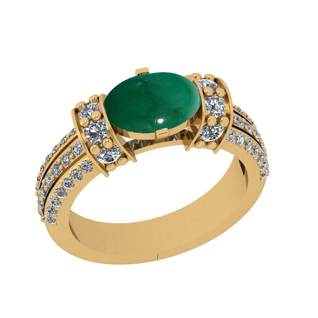 2.77 Ctw VS/SI1 Emerald and Diamond Prong Set 14k Yellow Gold Engagement Ri: Center Stone Weight :-1.99 Ctw ( Oval Cab ) Center Stone Color :-Emerald Center Stone Setting : Prong Side Diamond Weight Of Ctw :- 0.78 Ctw Color : J-K Clarity : VS/SI1 Daimond Setting : Prong Metal 