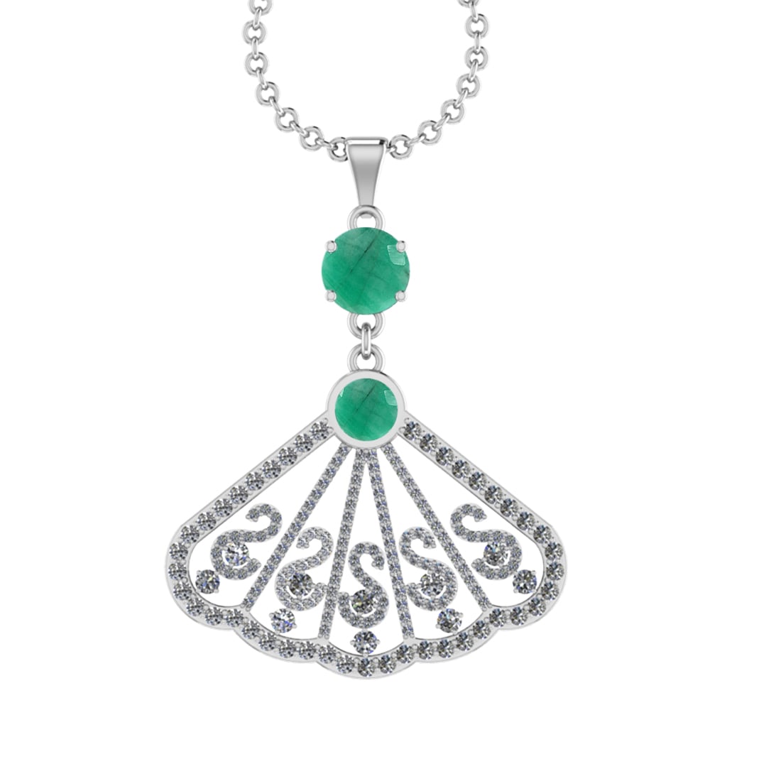 3.33 Ctw VS/SI1 Emerald and Diamond14K White Gold Necklace (ALL DIAMOND ARE: Center Stone Weight : 1.75 Ctw (2pec Round Cut) Center Stone Color :-Emerald Center Stone Setting : Prong Side Diamond Weight Of Ctw 1.58 Ctw Color : J-K Clarity : VS/SI1 Stone Setting : Prong Metal W