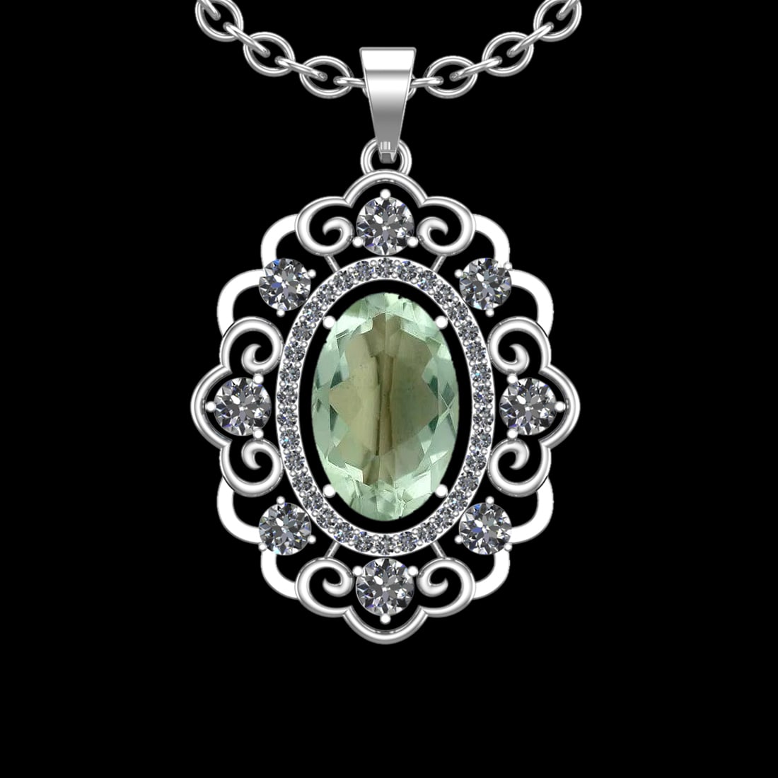 20.23 Ctw VS/SI1 Green Amethyst And Diamond 14K White Gold Necklace( ALL DI: Center Stone Weight : 16.18 Ctw ( Oval Cut ) Center Stone Color : Green Amethyst Stone Setting : Prong Side Diamond Weight Of Ctw 4.05 Ctw Side Stone Color : J-K Stone Clarity : VS/SI1 Stone Setting :