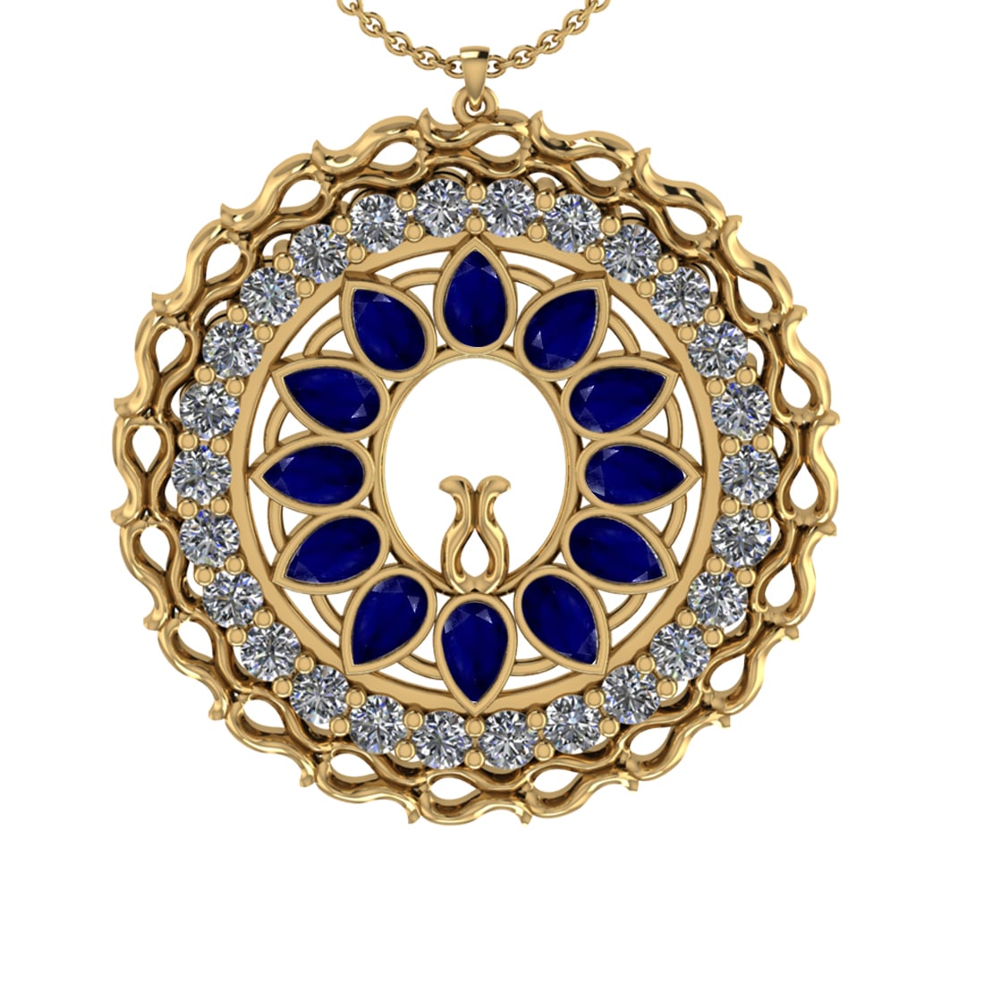 5.86 Ctw VS/SI1 Blue Sapphire and Diamond 14k Yellow Gold Pandant (ALL DIAM: Center Stone Weight :-3.00 Ctw ( Pear Cut) Center Stone Color :-Blue Sapphire Center Stone Setting : Prong Side Diamond Weight Of Ctw :- 2.86 Ctw Color : J-K Clarity : VS/SI1 Daimond Setting : Prong M