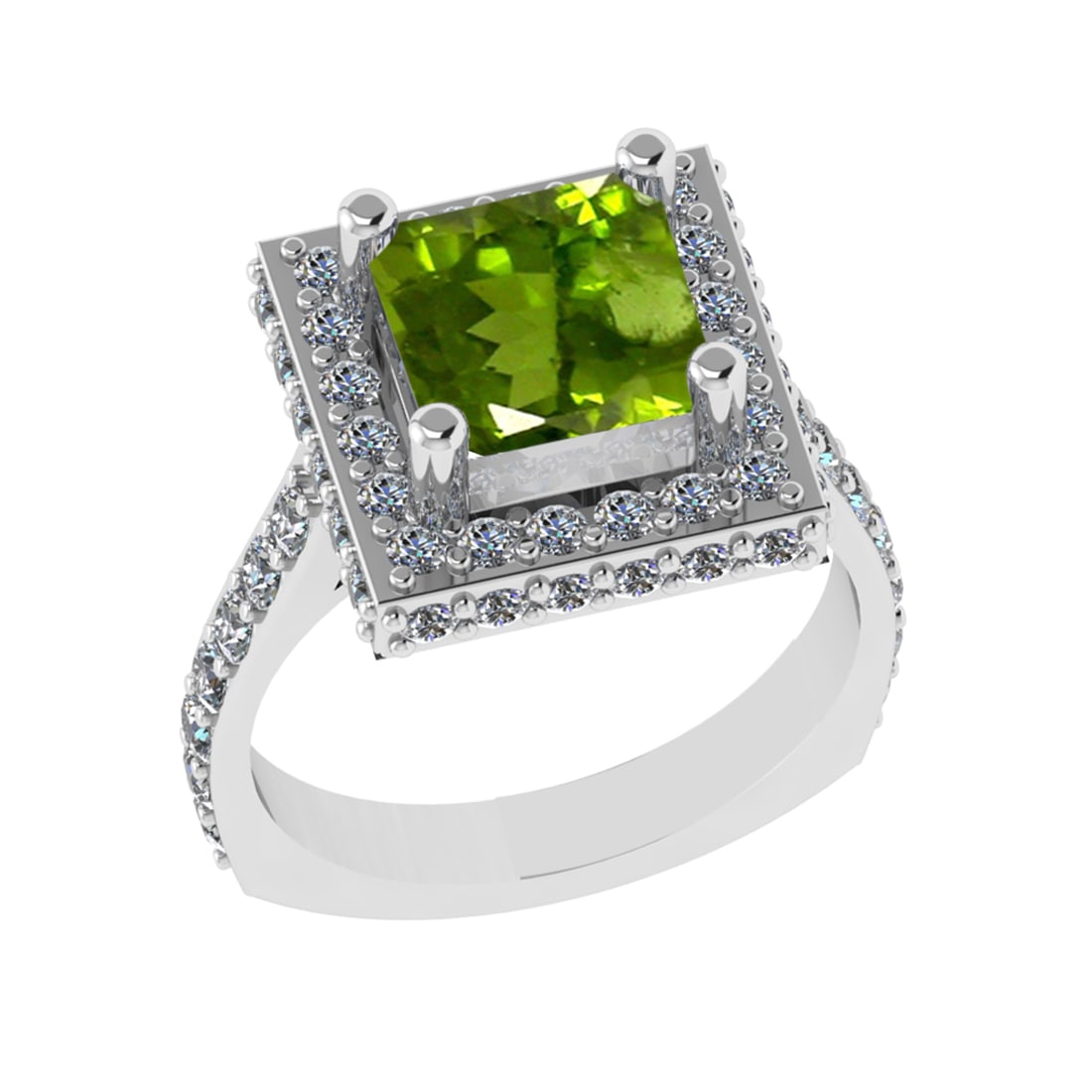 3.21 Ctw VS/SI1 Peridot And Diamond 14K White Gold Engagement Ring( ALL DIA: Center Stone Weight : 1.80 Ctw ( Princess Cut ) Center Stone Color : Peridot Stone Setting : Prong Side Diamond Weight Of Ctw 1.41 Ctw Side Stone Color : J-K Stone Clarity : VS/SI1 Stone Setting : Pro