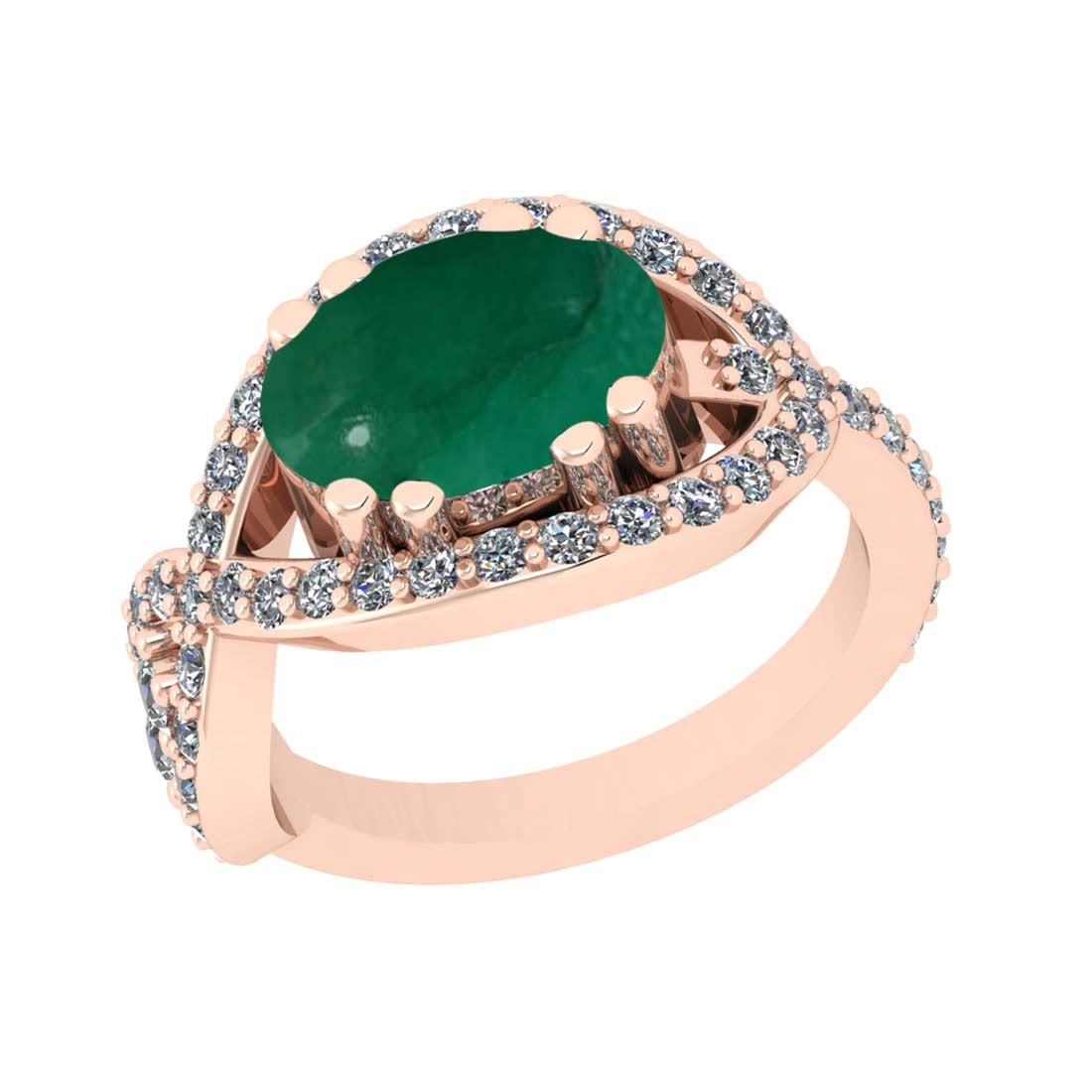 4.18 Ctw VS/SI1 Emerald and Diamond Prong Set 14k Rose Gold Engagement Ring: Center Stone Weight :-3.07 Ctw ( Oval Cab ) Center Stone Color :-Emerald Center Stone Setting : Prong Side Diamond Weight Of Ctw :- 1.11 Ctw Color : J-K Clarity : VS/SI1 Daimond Setting : Prong Metal 