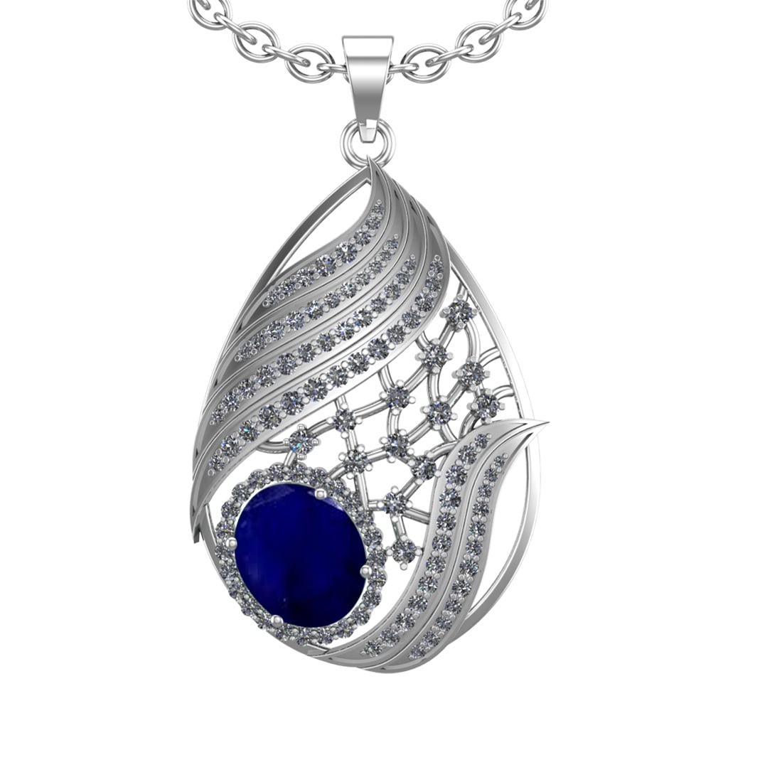 6.68 Ctw VS/SI1 Blue Sapphire and Diamond 14k White Gold Pendant (ALL DIAMO: Center Stone Weight :-4.80 Ctw ( Oval cut) Center Stone Color :-Blue Sapphire Setting : Prong Side Diamond Weight Of Ctw 1.88 Ctw Color : J-K Clarity : VS/SI1 Stone Setting : Prong Metal Weight : Appr