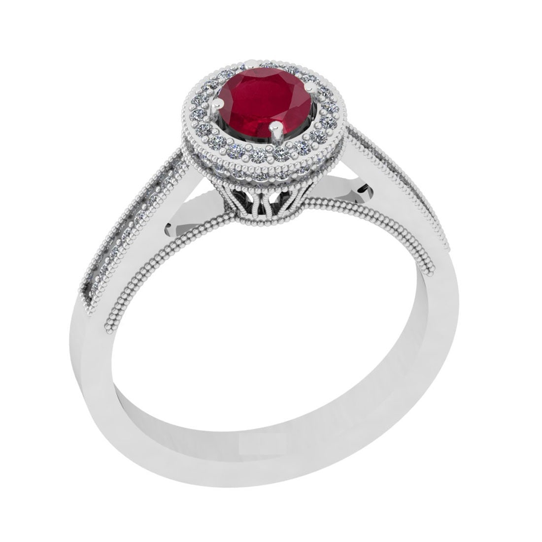 0.82 Ctw VS/SI1 Ruby And Diamond 14K White Gold Engagement Halo Ring: Center Stone Weight : 0.50 Ctw (Round Cut) Center Stone Color : Ruby Stone Setting : Prong Side Stone Weight Of Ctw 0.32 Ctw Side Stone Color : J-K Stone Clarity : VS/SI1 Stone Setting : Prong Metal W