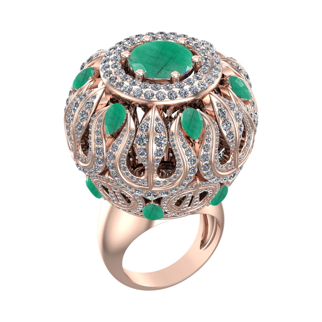 17.72 Ctw VS/SI1 Emerald and Diamond 14k Rose Gold Engagement Ring (ALL DIA: Center Stone Weight :-9.84 Ctw ( Round & Pear Cut) Center Stone Color :-Emerald Center Stone Setting : Prong Side Diamond Weight Of Ctw :- 7.88 Ctw Color : J-K Clarity : VS/SI1 Daimond Setting : Prong