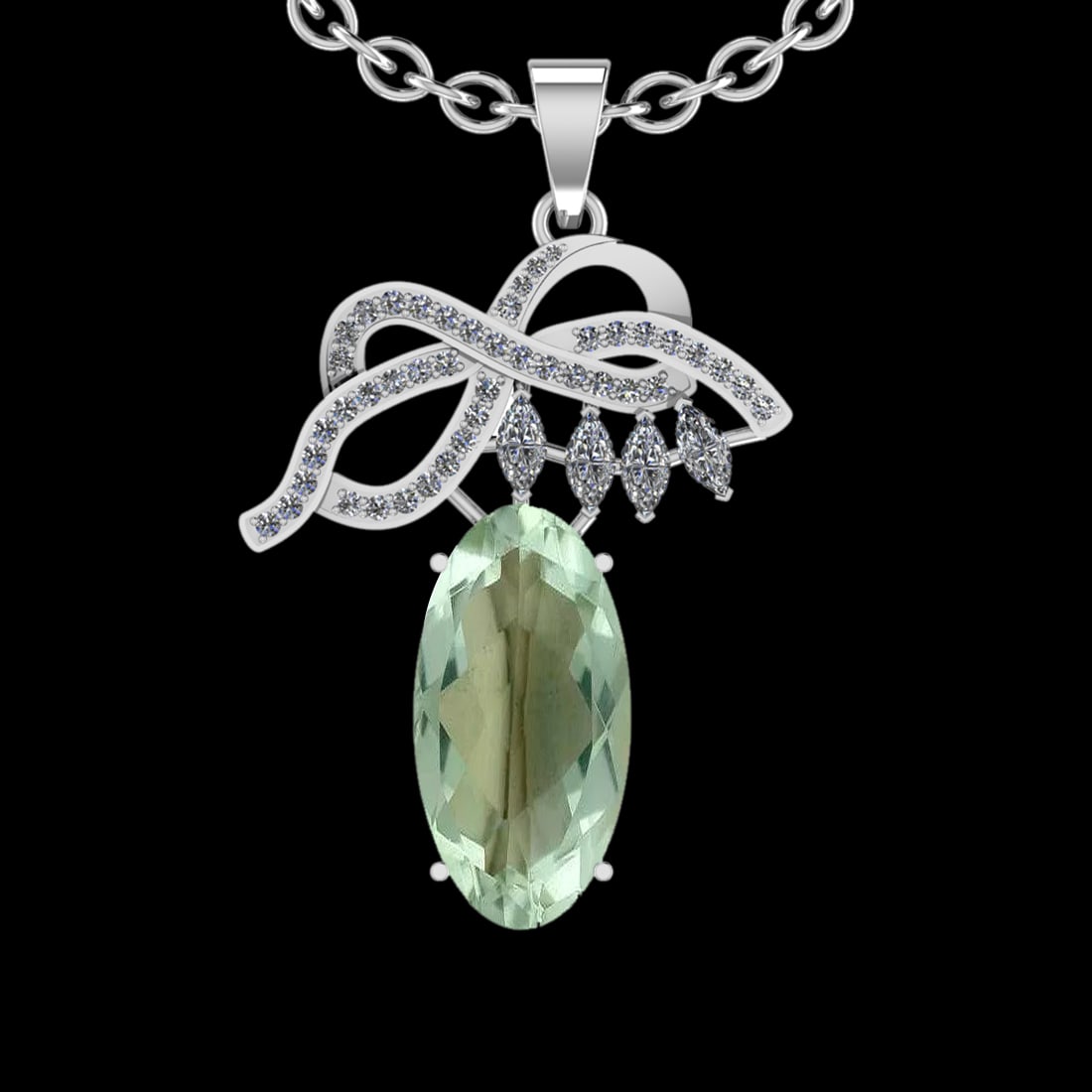 16.99 Ctw VS/SI1 Green Amethyst And Diamond 14K White Gold Necklace( ALL DI: Center Stone Weight : 15.95 Ctw ( Oval Cut ) Center Stone Color : Green Amethyst Stone Setting : Prong Side Diamond Weight Of Ctw 1.04 Ctw Side Stone Color : J-K Stone Clarity : VS/SI1 Stone Setting :