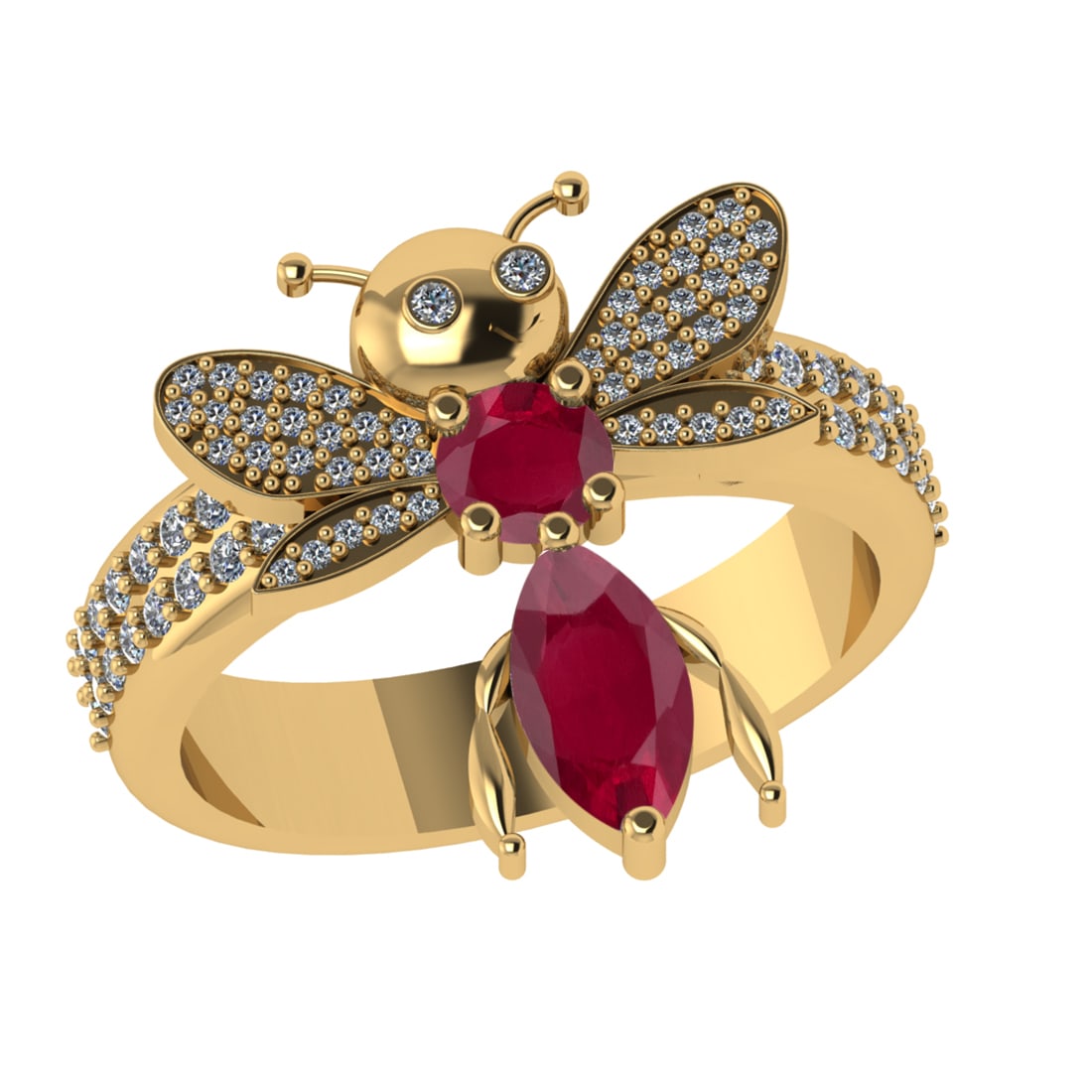 1.31 Ctw VS/SI1 Ruby and Diamond 14k Yellow Gold Bees theme Ring (ALL DIAMO: Center Stone Weight :-0.75 Ctw ( Marquise & Round Cut) Center Stone Color :-Ruby Center Stone Setting : Prong Side Diamond Weight Of Ctw :- 0.38 Ctw Color : J-K Clarity : VS/SI1 Daimond Setting : Pron