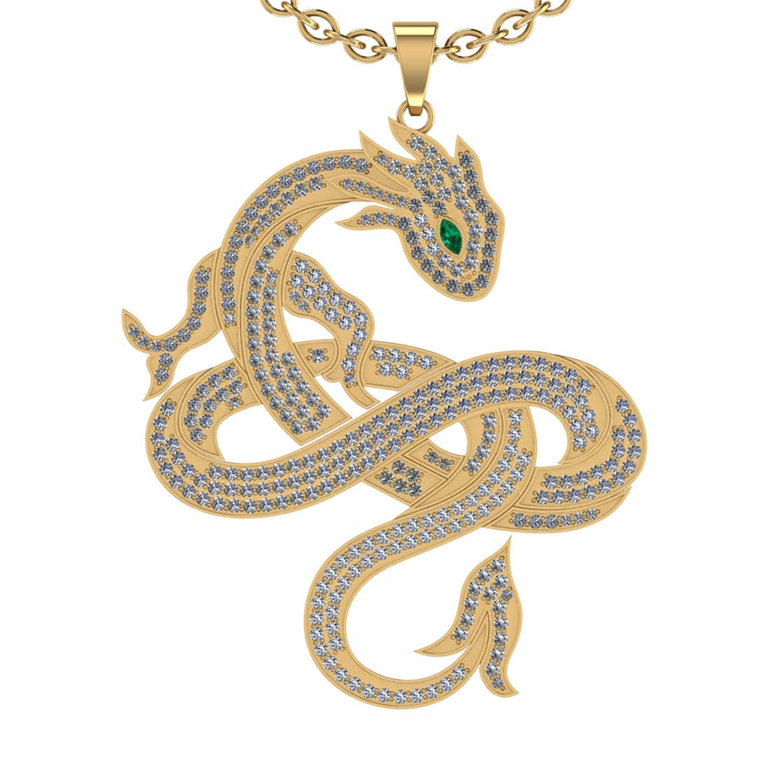 4.72 CtwVS/SI1 Emerald and Diamond 14K Yellow Gold Dragon Necklace (ALL DIA: Eye stone weight :-0.10 ctw ( Marquise cut) Eye Stone Color :-Emerald Setting :- Prong Total Diamond Weight : 4.62 Ctw (Round cut) Center Diamond Color :- J-K Center Clarity :VS/SI1 Stone Setting : Pr