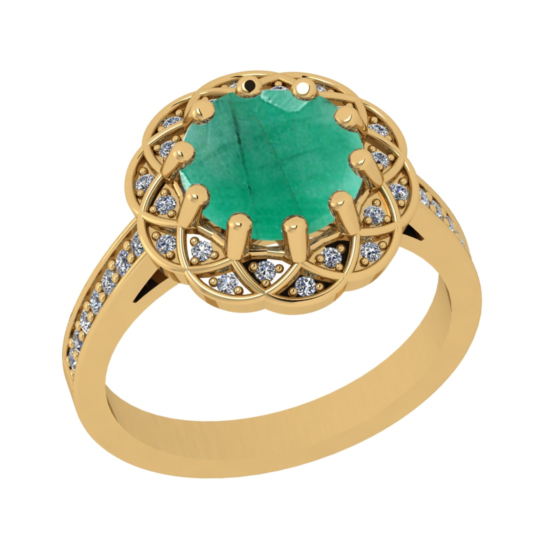 2.68 Ctw VS/SI1 Emeraldand Diamond Prong Set 14k Yellow Gold Engagement Rin: Center Stone Weight :-2.43 Ctw ( Round Cut ) Center Stone Color :-Emerald Center Stone Setting : Prong Side Diamond Weight Of Ctw :- 0.25 Ctw Color : J-K Clarity : VS/SI1 Daimond Setting : Prong Metal