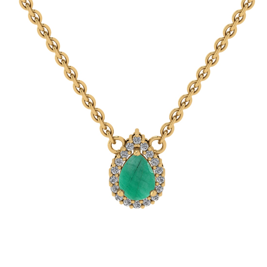 0.89 Ctw VS/SI1 Emerlad and Diamond Prong Set 14K Yellow Gold Necklace (ALL: Center stone Weight :-: 0.75 Ctw ( Pear Cut) Color :- Emerlad Center Stone Setting : Prong Side Diamond Weight Of Ctw 0.14 Ctw Color : J-K Clarity : VS/SI1 Stone Setting : Prong Metal Weight : Approx 