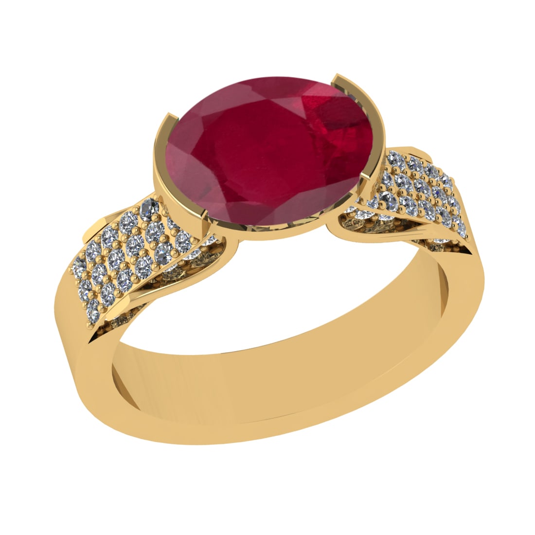 2.98 Ctw VS/SI1 Ruby And Diamond 14k Yellow Gold Engagement Ring (ALL DIAMO: Center Stone Weight : 2.50 Ctw ( Oval Cut ) Center Stone Color : Ruby Stone Setting : Prong Side Diamond Weight Of Ctw 0.48 Ctw Side Stone Color : G-H Stone Clarity : VS/SI1 Stone Setting : Prong Meta