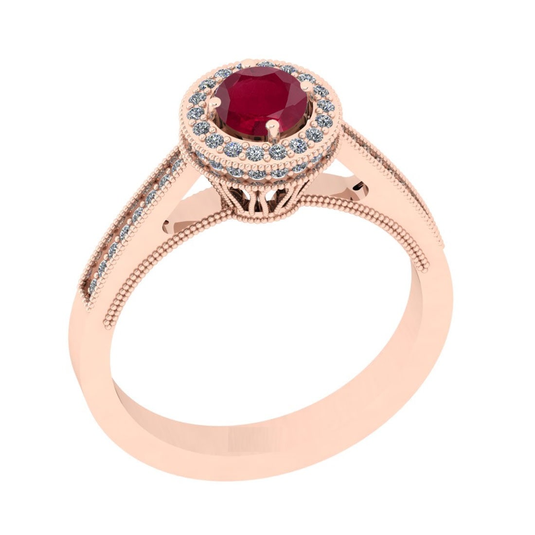 0.82 Ctw VS/SI1 Ruby And Diamond 14K Rose Gold Engagement Halo Ring: Center Stone Weight : 0.50 Ctw (Round Cut) Center Stone Color : Ruby Stone Setting : Prong Side Stone Weight Of Ctw 0.32 Ctw Side Stone Color : J-K Stone Clarity : VS/SI1 Stone Setting : Prong Metal W
