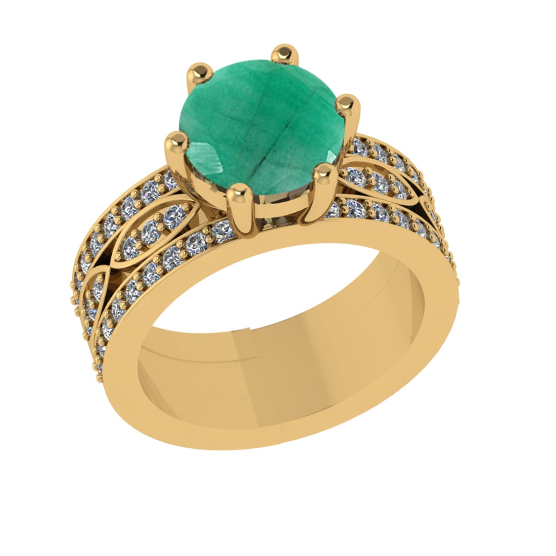 3.47 Ctw VS/SI1 Emerald and Diamond 14k Yellow Gold Engagement Ring (ALL DI: Center Stone Weight :-2.75 Ctw ( Round Cut) Center Stone Color :-Emerald Center Stone Setting : Prong Side Diamond Weight Of Ctw 0.72 Ctw Color : G-H Clarity : VS/SI1 Daimond Setting : Prong Metal Wei