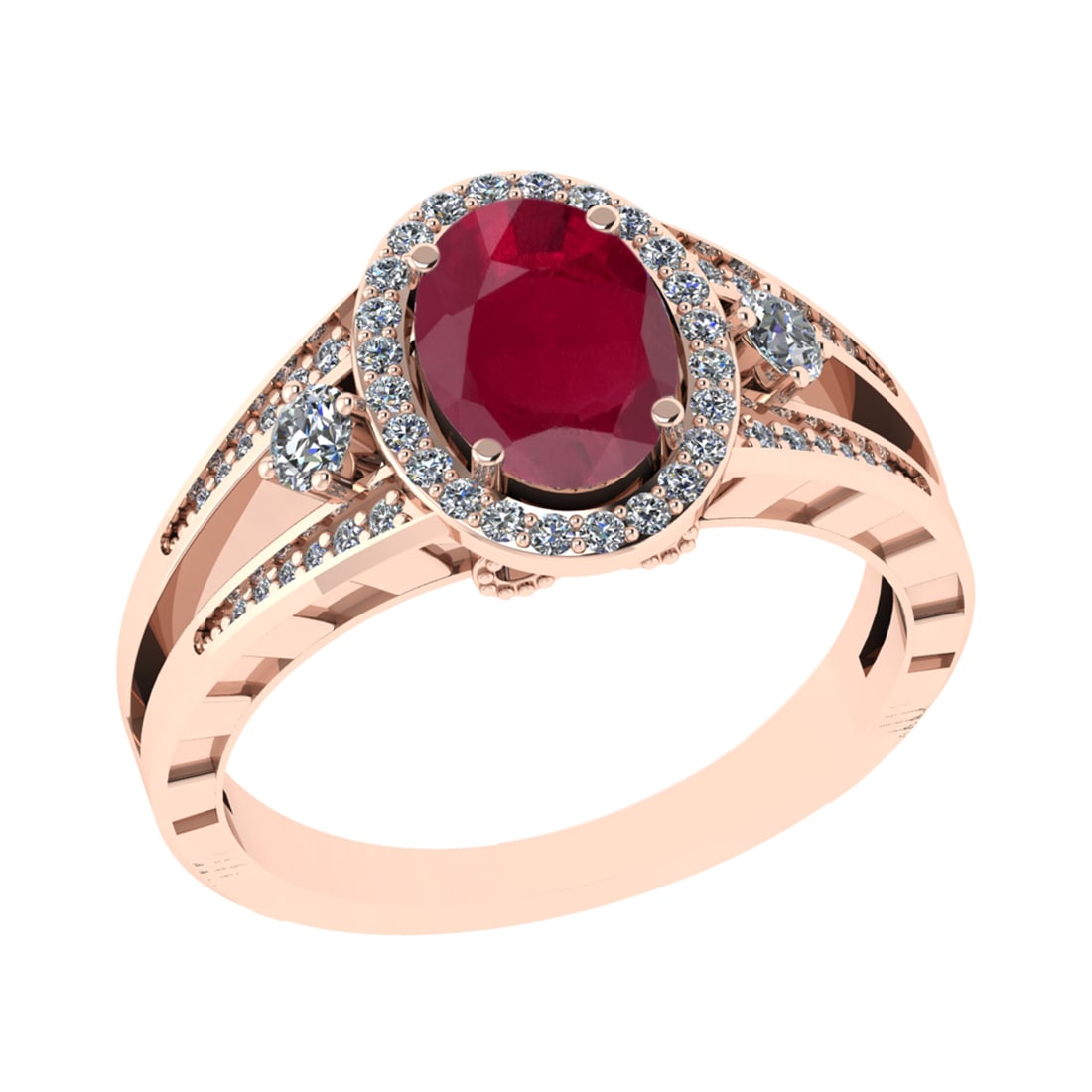 1.61 Ctw VS/SI1 Ruby and Diamond 14k Rose Gold Engagement Halo Ring (LAB GR: Center Stone Weight :- 1.25 Ctw ( Oval Cut) Color :- Ruby Center Stone Setting : Prong Side Diamond Weight Of Ctw 0.36 Ctw Color : G-H Clarity : VS/SI1 Stone Setting : Prong Metal Weight : Approx 4.50