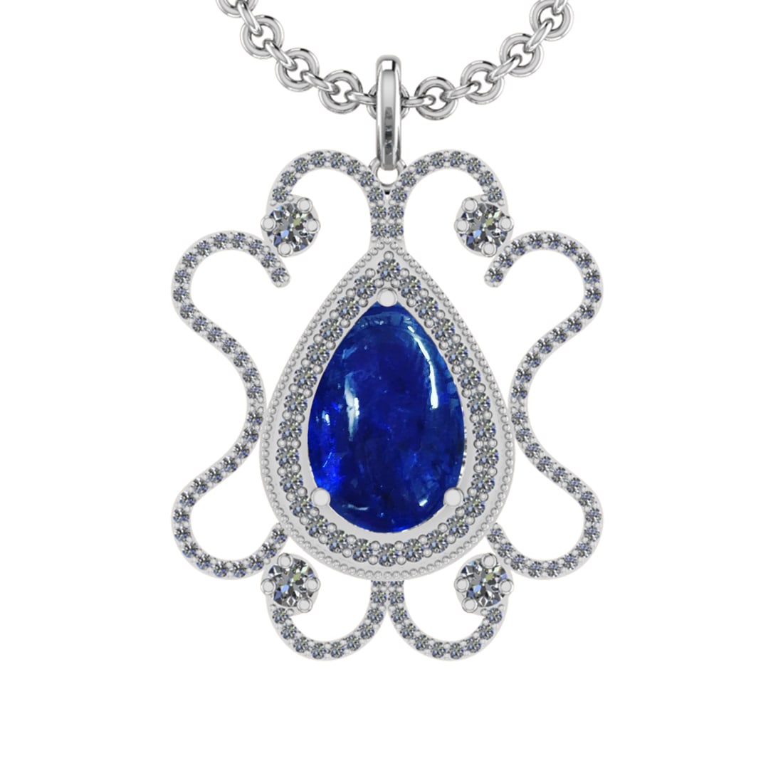 16.10 Ctw VS/SI1 Tanzanite and Diamond 14K White Gold Pendant: Center Stone Weight : 13.36 Ctw ( Pear Cut) Center Stone Color :-Tanzanite Setting : Prong Side Weight Of Ctw 2.34 Ctw Color : J-K Clarity :VS/SI1 Stone Setting : Prong Metal Weight : Approx 12.90 gra