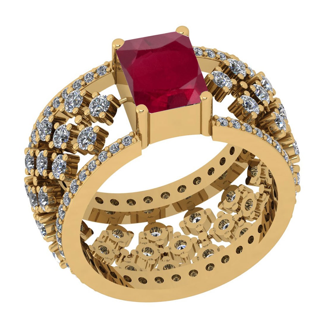 1.22 Ctw VS/SI1 Ruby And Diamond 14K Yellow Gold Engagement Halo Ring: Center Stone Weight : 0.50 Ctw (Emerald Cut) Center Stone Color : Ruby Stone Setting : Prong Side Stone Weight Of Ctw 0.72 Ctw Side Stone Color : J-K Stone Clarity : VS/SI1 Stone Setting : Prong Metal