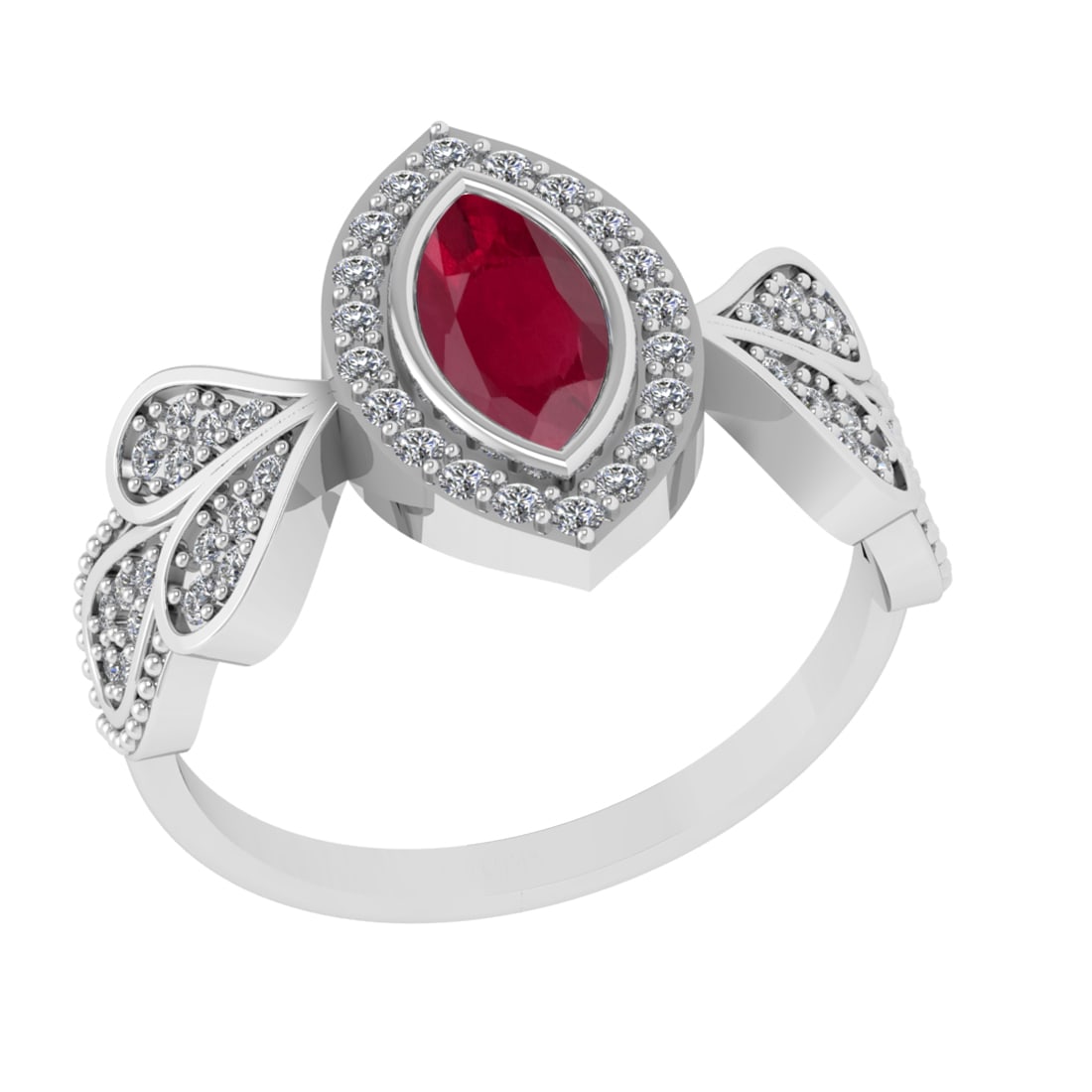 0.83 Ctw VS/SI1 Ruby and Diamond14K White Gold Engagement Ring: Center Stone Weight : 0.50 Ctw (Marquise Cut) Center Stone Color :-Ruby Center Stone Setting : Prong Side Diamond Weight Of Ctw 0.33 Ctw Color : J-K Clarity : VS/SI1 Stone Setting : Prong Metal Weight