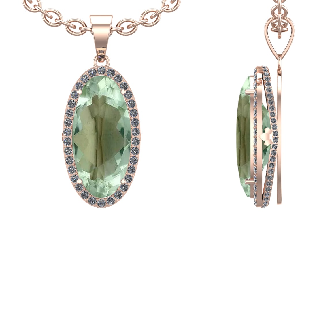 17.79 Ctw VS/SI1 Green Amethyst and Diamond 14K Rose Gold Necklace (ALL DIA: Color Stone Weight : 16.51 Ctw ( Oval Cut) Stone Color :- Green Amethyst Center Stone Setting : Prong Side Weight Of Ctw 1.28 Ctw Color : J-K Clarity : VS/SI1 Stone Setting : Prong Metal Weight : Appr
