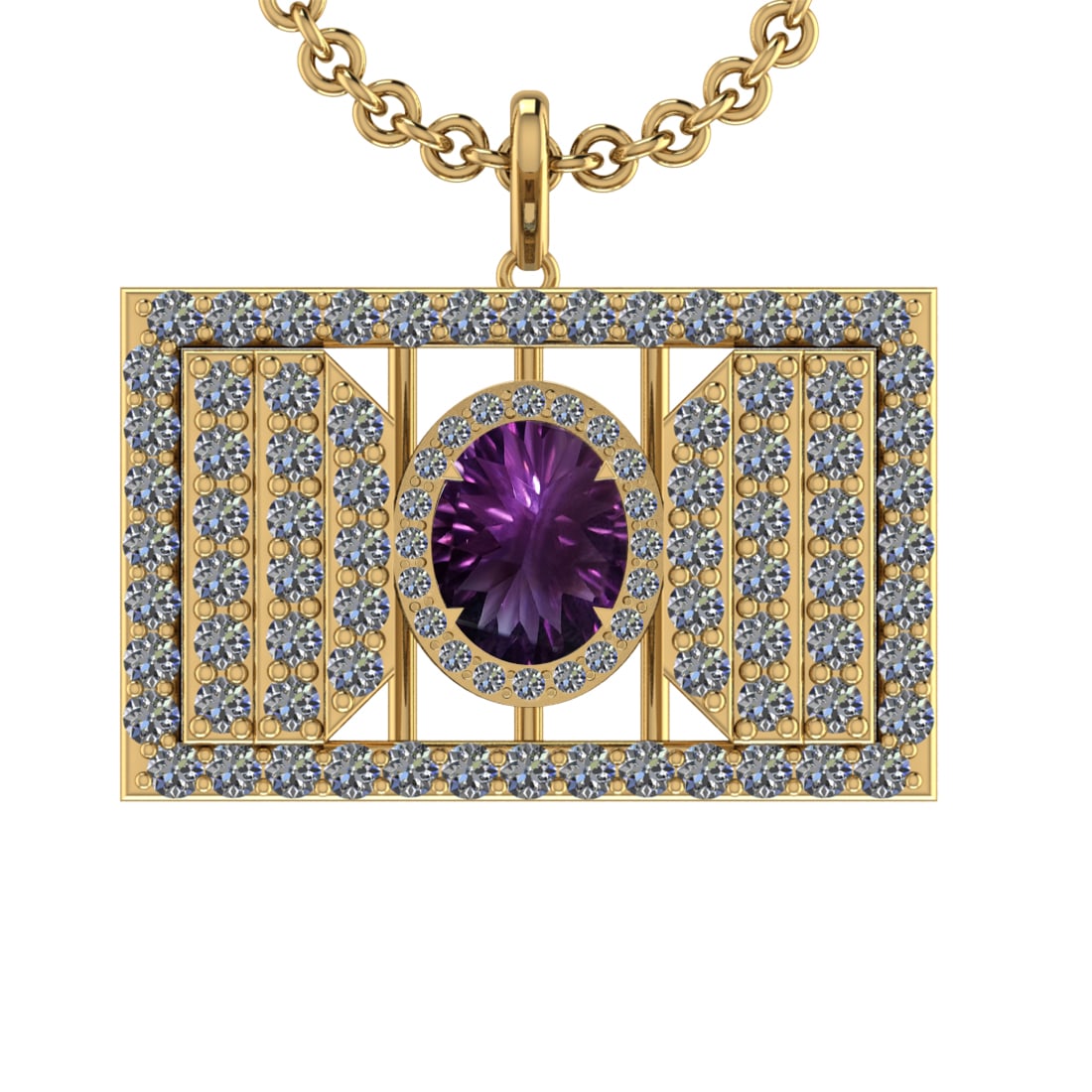 42.90 Ctw VS/SI1 Amethyst and Diamond 14K Yellow Gold Pendant: Center Stone Weight : 21.95 Ctw ( Oval Cut) Center Stone Color :-Amethyst Setting : Prong Side Weight Of Ctw 20.50 Ctw Color : J-K Clarity : VS/SI1 Stone Setting : Prong Metal Weight : Approx 15.80 gr