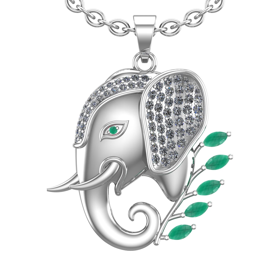 1.99 Ctw VS/SI1 Emerald and Diamond 14k white Gold Animal theme Elephant Pe: Center Stone Weight :-0.75 Ctw ( Marquise & Round Cut) Center Stone Color :-Emerald Center Stone Setting : Prong Side Diamond Weight Of Ctw :- 1.24 Ctw Color : J-K Clarity : VS/SI1 Daimond Setting : P