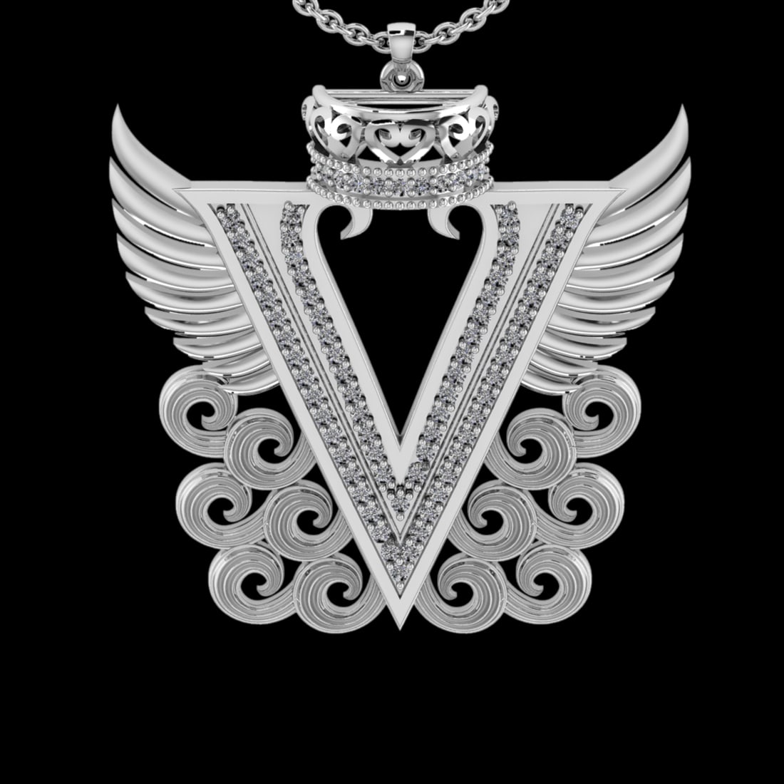 0.36 Ctw VS/SI1 Diamond Prong Set 18K White Gold Letter theme ( V) Necklace: Total Diamond Weight : 0.36 Ctw (Round cut) Center Diamond Color :- G-H Center Clarity : VS/SI1 Stone Setting : Prong Metal Weight : Approx 7.70 Gram 18K White Gold Letter theme ( V) Necklace (ALL DIA