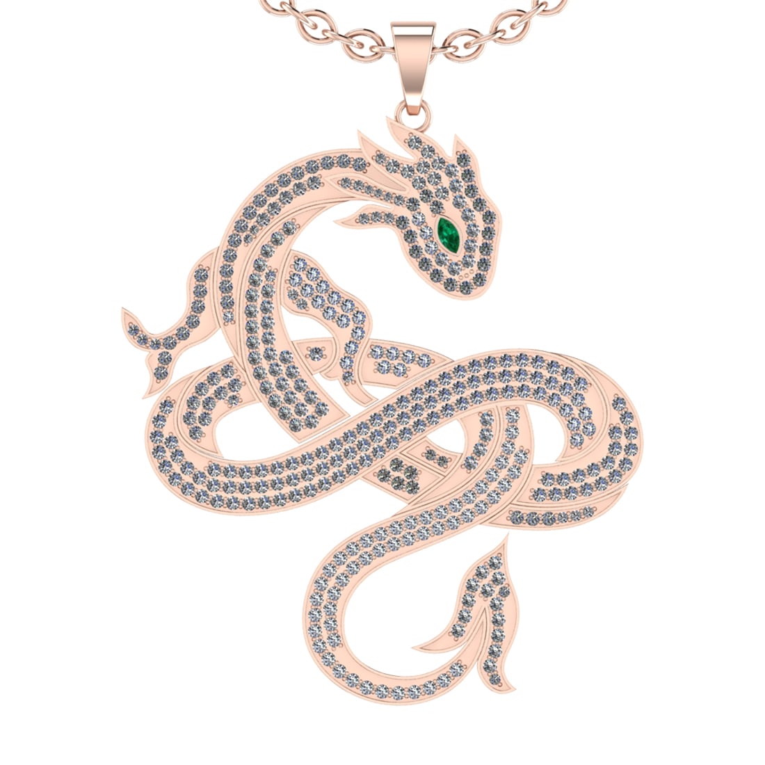 4.72 CtwVS/SI1 Emerald and Diamond 14K Rose Gold Dragon Necklace (ALL DIAMO: Eye stone weight :-0.10 ctw ( Marquise cut) Eye Stone Color :-Emerald Setting :- Prong Total Diamond Weight : 4.62 Ctw (Round cut) Center Diamond Color :- J-K Center Clarity :VS/SI1 Stone Setting : Pr