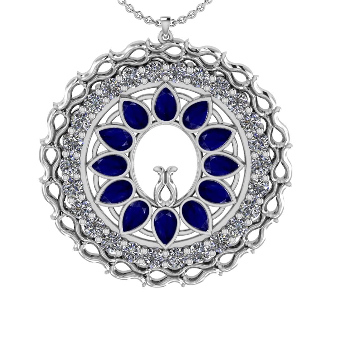 5.86 Ctw VS/SI1 Blue Sapphire and Diamond 14k white Gold Pandant (ALL DIAMO: Center Stone Weight :-3.00 Ctw ( Pear Cut) Center Stone Color :-Blue Sapphire Center Stone Setting : Prong Side Diamond Weight Of Ctw :- 2.86 Ctw Color : J-K Clarity : VS/SI1 Daimond Setting : Prong M