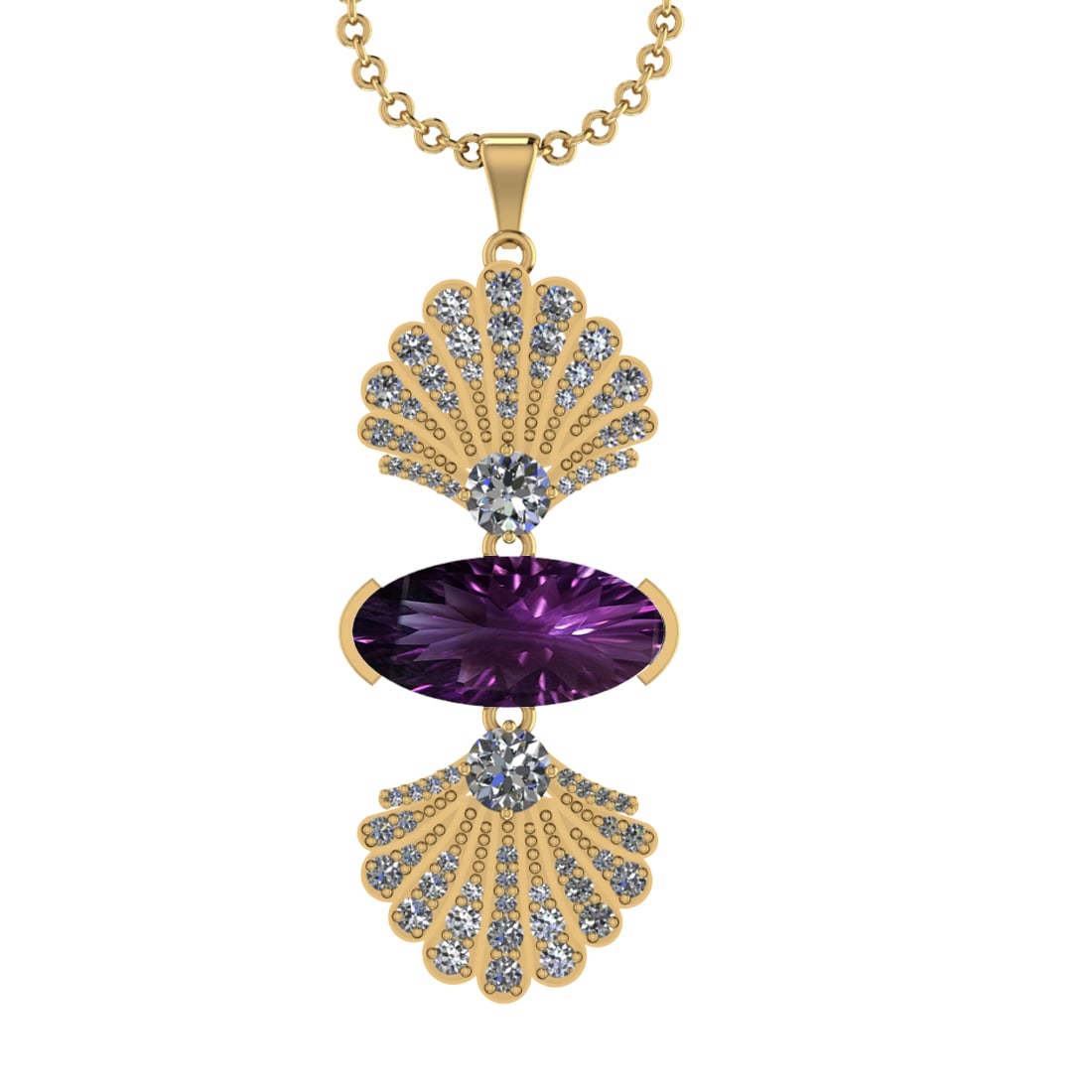 13.85 Ctw VS/SI1 Amethyst and Diamond Prong Set 14k Yellow Gold Pendant (AL: Center Stone Weight : 12.20 Ctw ( Oval Cut) Center Stone Color :-Amethyst Setting : Prong Side Weight Of Ctw 1.60 Ctw Color : J-K Clarity : VS/SI1 Stone Setting : Prong Metal Weight : Approx 13.40